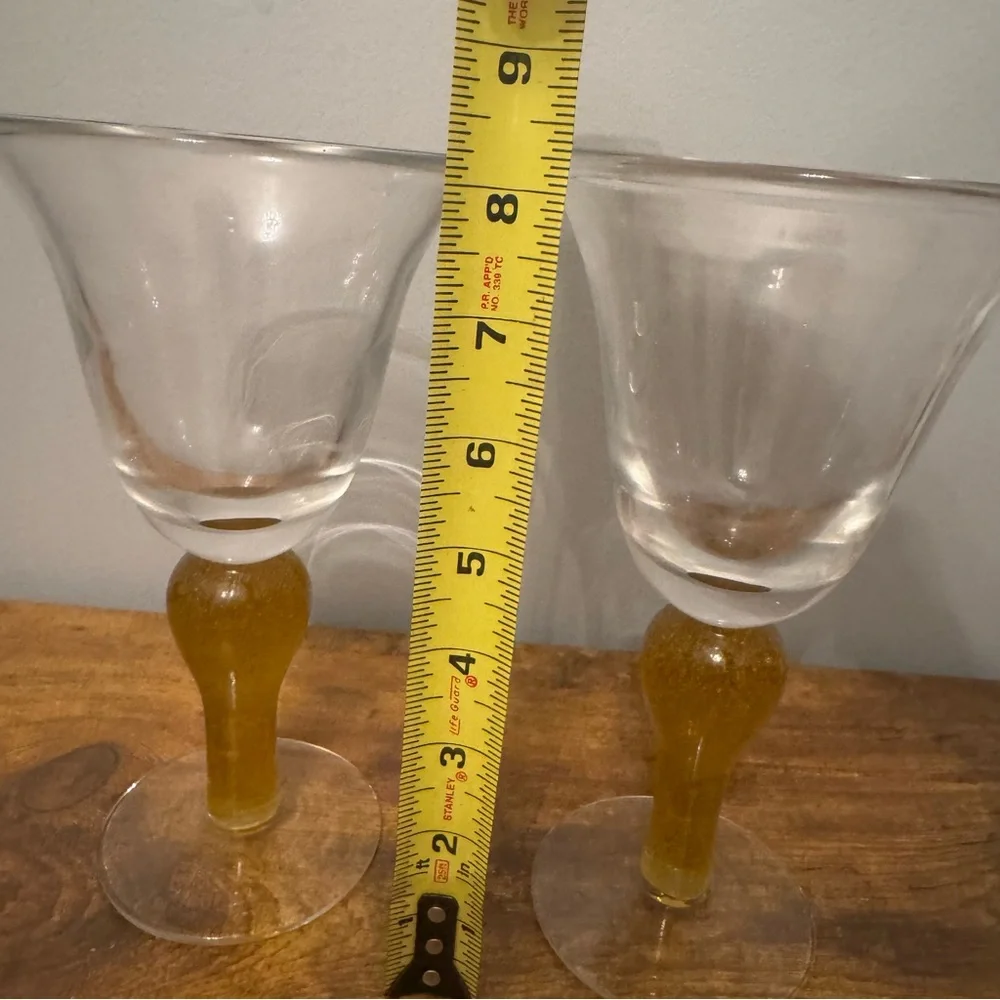 Vintage Amber Bubble‎ Stem Art Glass Wine Goblets Clear Bowl Set Of 2 Retro MCM